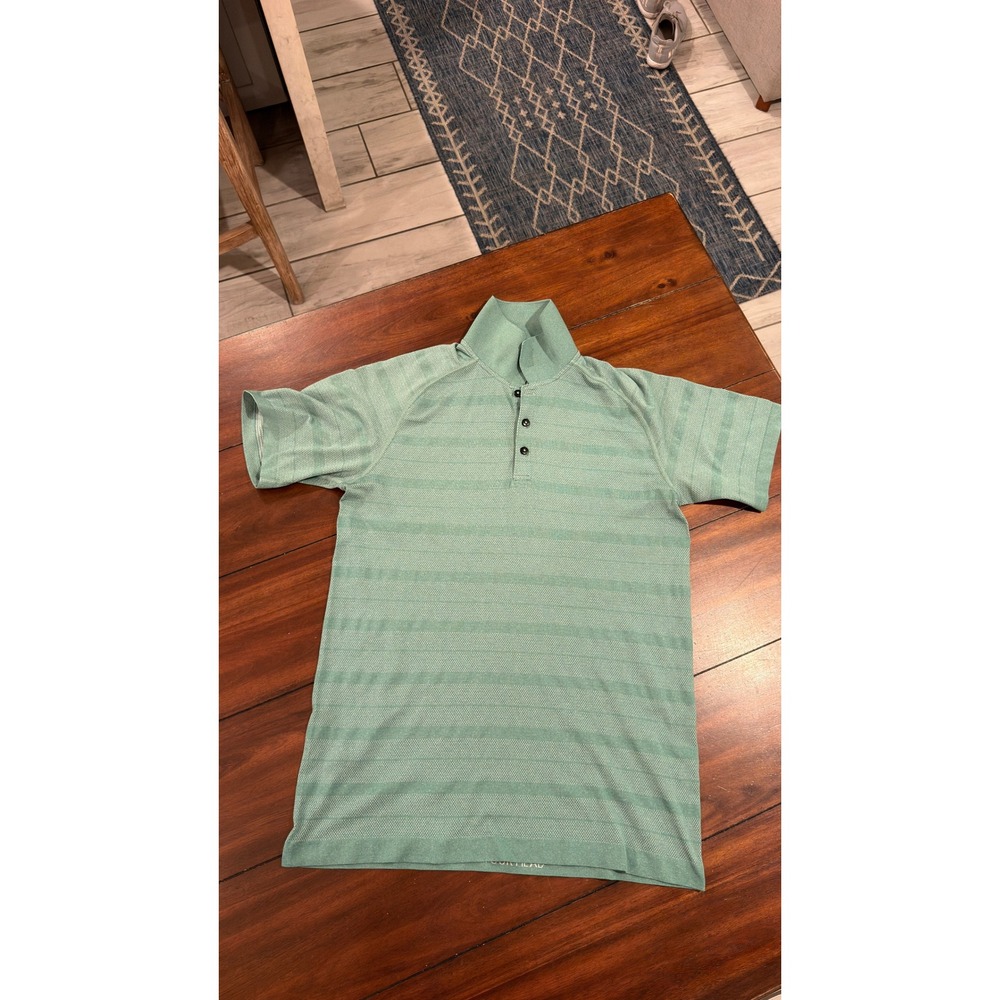 Lululemon Metal Vent Tech Polo Shirt Mens Medium Sage Green Striped Short Sleeve